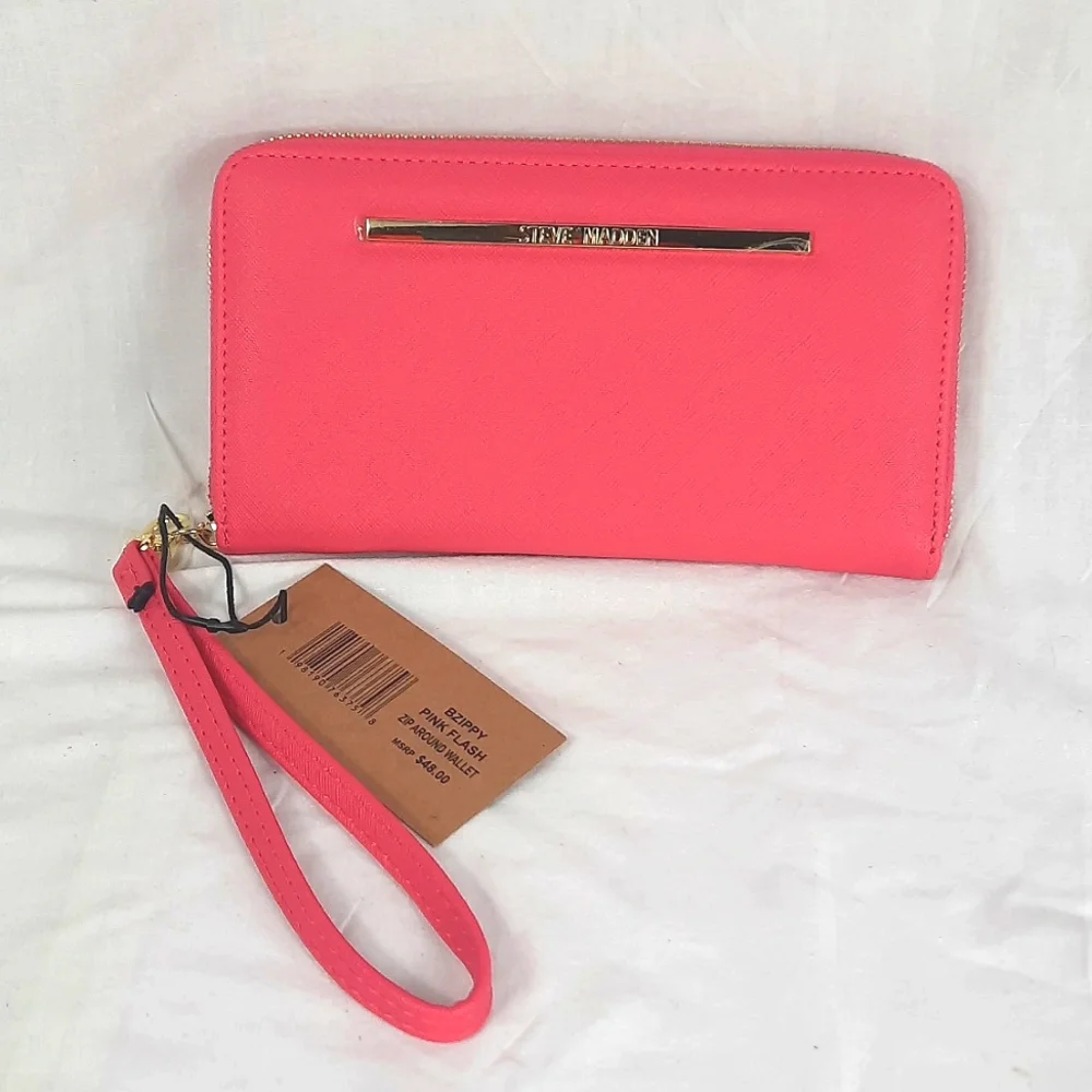 Steve Madden Zip Around Wallet Clutch Pink Flash Gold NEW with Tag - Picture 2 of 13